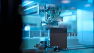 Automatisierte Labor-Probenverarbeitung in einem modern beleuchteten Forschungs- und Industriezentrum.
