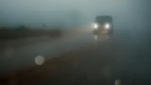 Ein Auto fährt bei dichtem Nebel auf einer regennassen Straße im Herbst.