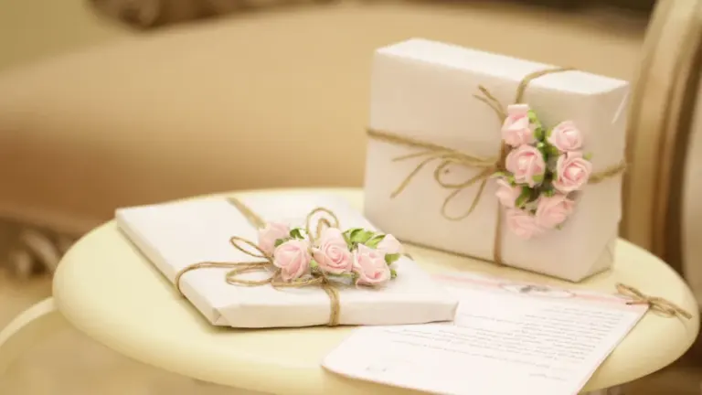 Zwei elegant verpackte Hochzeitsgeschenke mit kleinen rosa Blüten auf einem Beistelltisch.