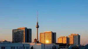 Berliner Fernsehturm bei Sonnenuntergang über der beleuchteten Skyline der Stadt.