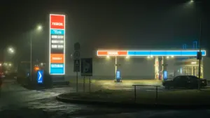 Eine beleuchtete Tankstelle in nebliger Nachtatmosphäre mit deutlich sichtbaren Preistafeln an der Straße.