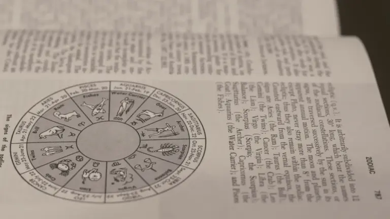 Ein aufgeschlagenes altes Buch mit einer detaillierten Illustration der zwölf Sternzeichen.