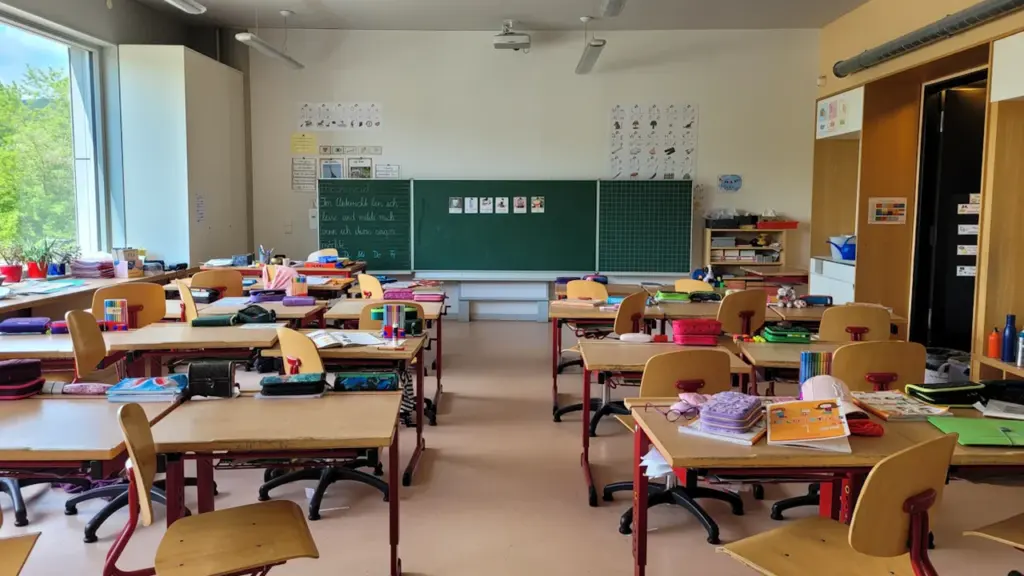 Ein leeres Klassenzimmer in Deutschland mit Schulbänken und Stühlen vor einer Tafel.