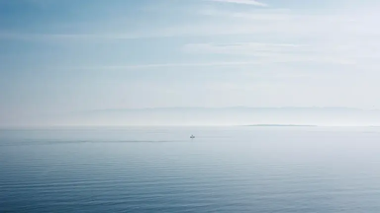 Ein einsames weißes Boot auf ruhigem, weitem Wasser unter einem klaren, hellen Himmel.