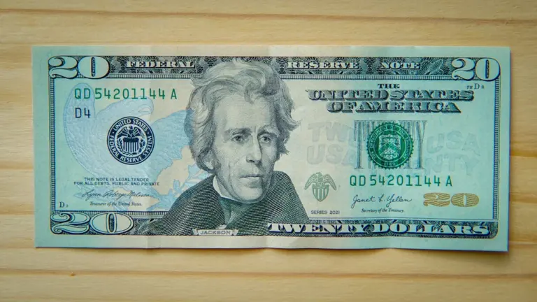 Ein 20-US-Dollar-Schein liegt flach auf einer hellen, neutralen Holzoberfläche.