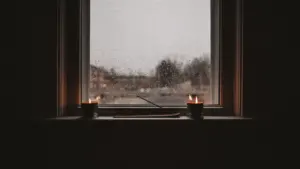Blick durch ein regennasses Fenster auf einen grün leuchtenden, verschwommenen Wald im Regen.
